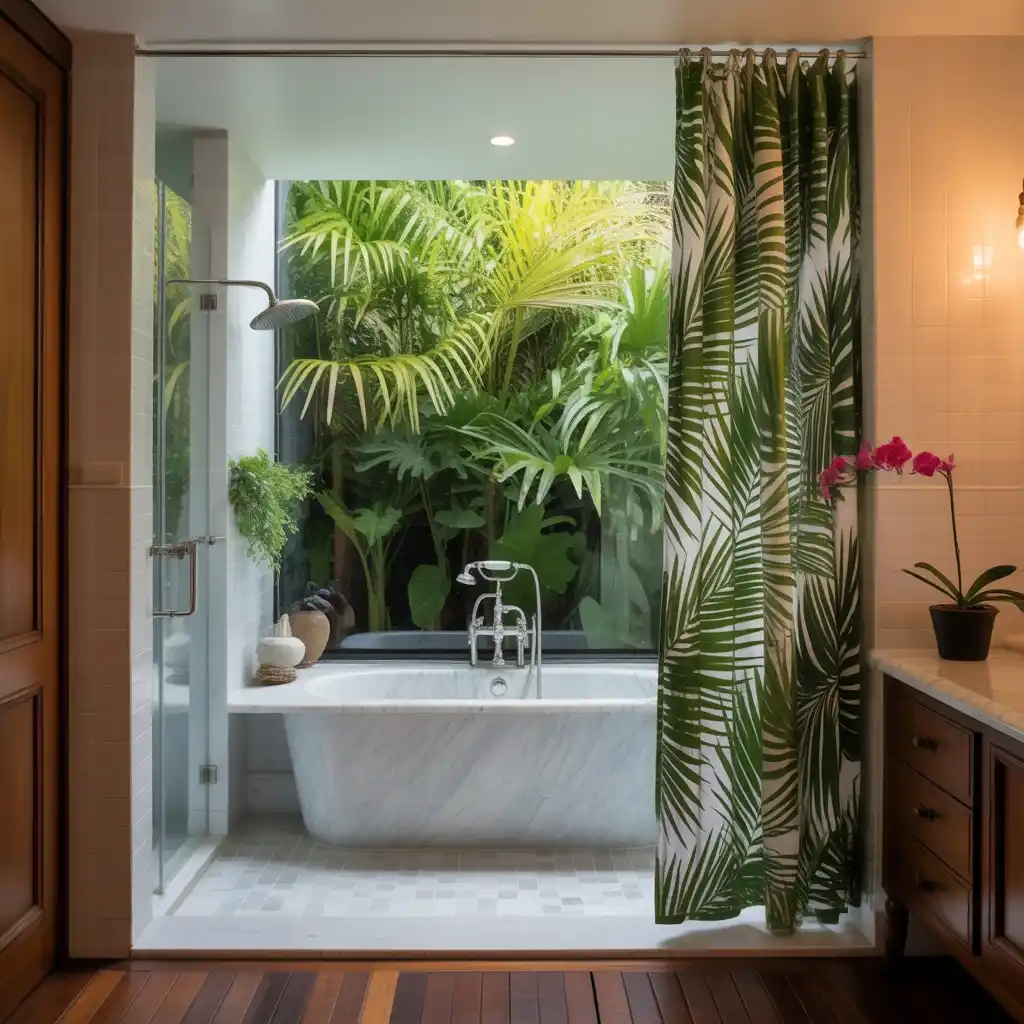 Palm leaf shower curtain tropical bathroom