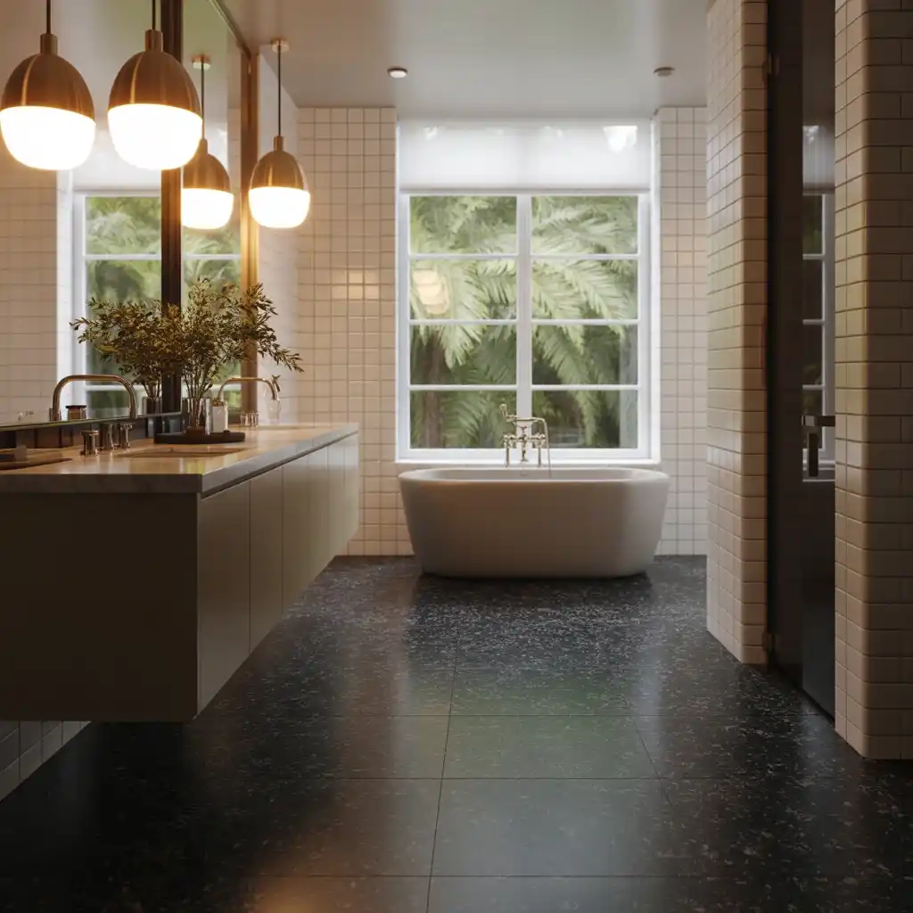 Pendant lighting dramatic black lino bathroom