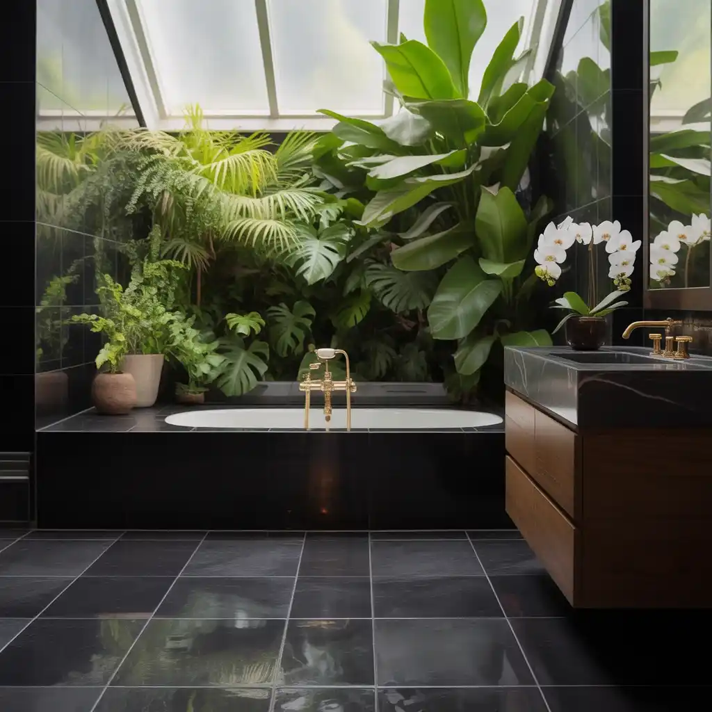 Plants natural contrast black lino bathroom