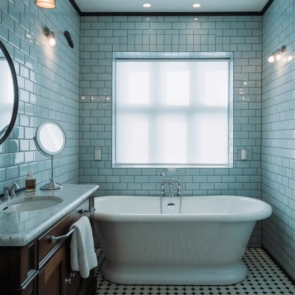 Powder blue subway tiles black grout bathroom.
