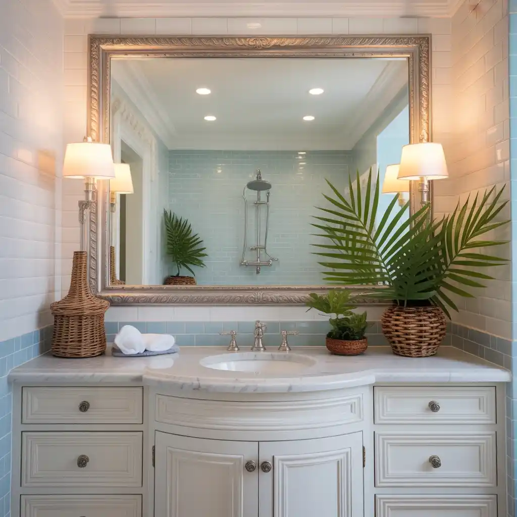 Powder blue tile backsplash tropical accessories bathroom vanity