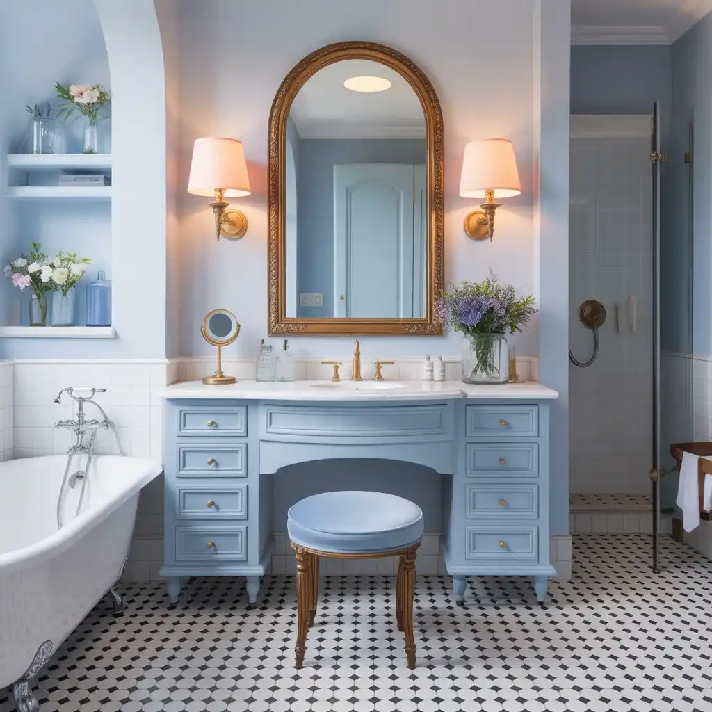 Powder blue vanity stool bright cushions bathroom
