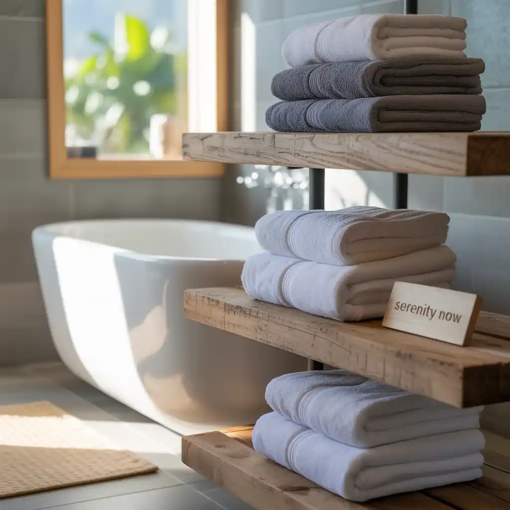 Reclaimed wood floating shelves bathroom towels rustic