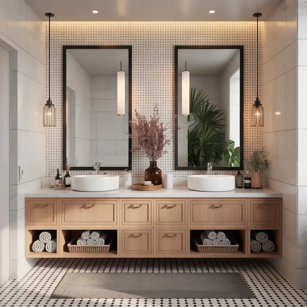 Rolled towel display spa vibes double vanity luxury bathroom