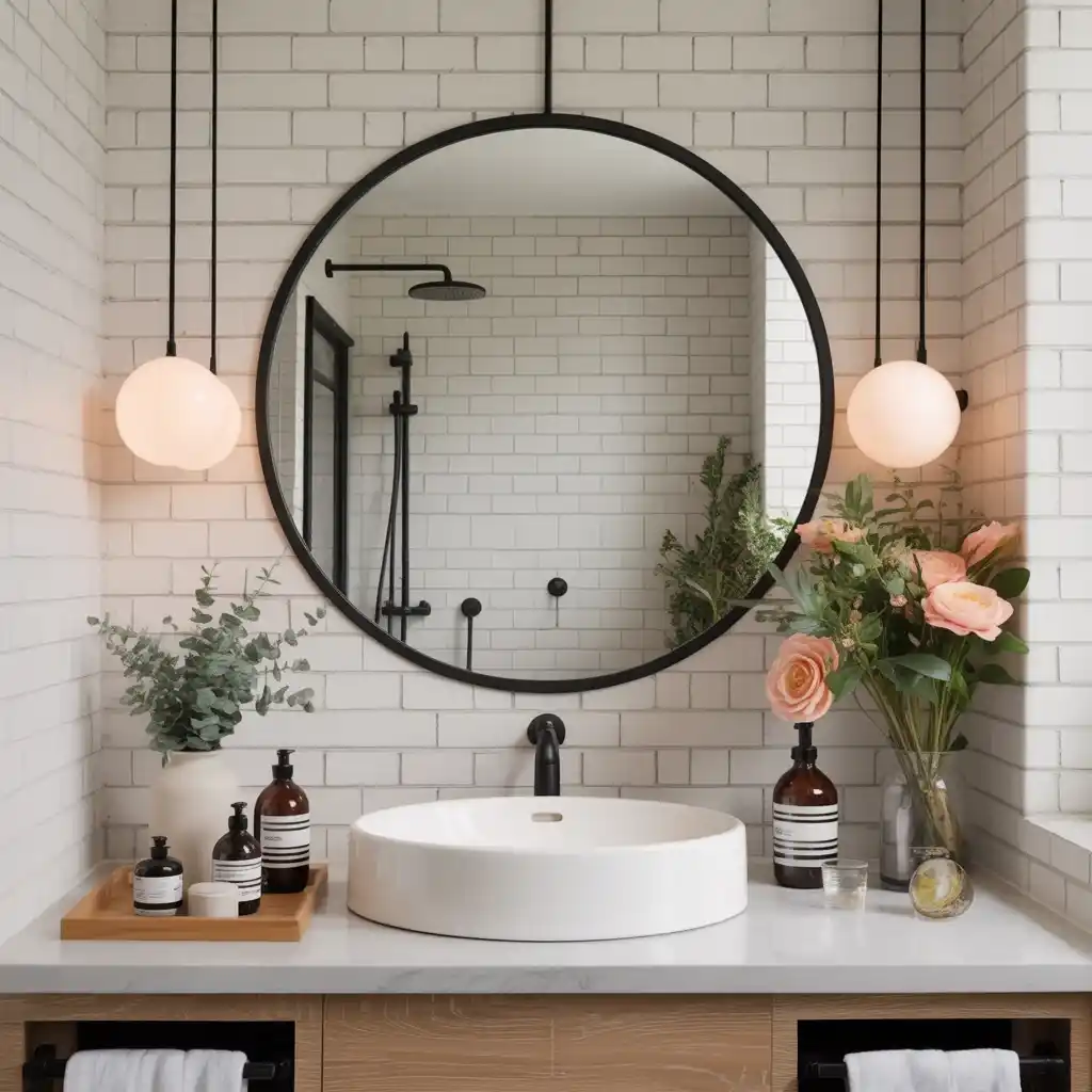 Round matte black framed mirror bathroom