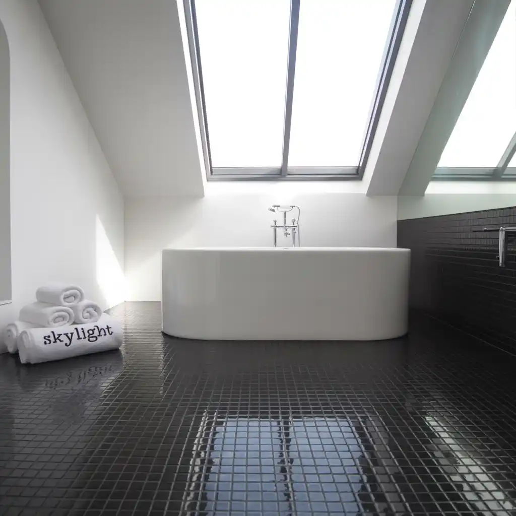 Skylight natural light black lino bathroom