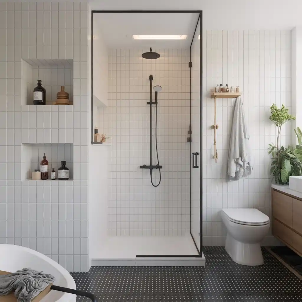 Storage niches shower black lino bathroom.
