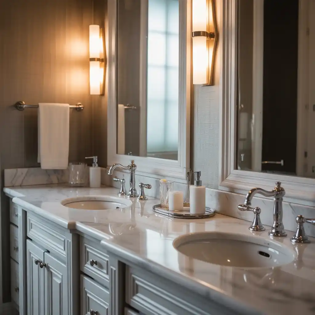 Symmetrical double sink vanity accessories matching decor