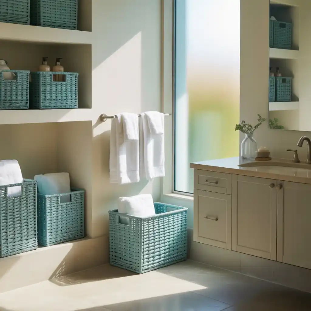 Teal storage baskets bathroom organization woven natural