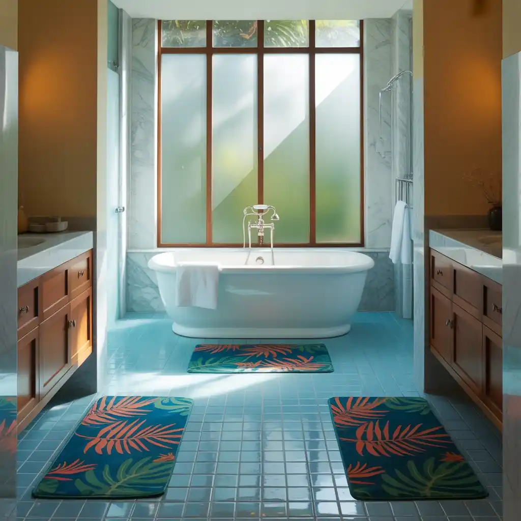 Tropical bright bath mats powder blue bathroom floor