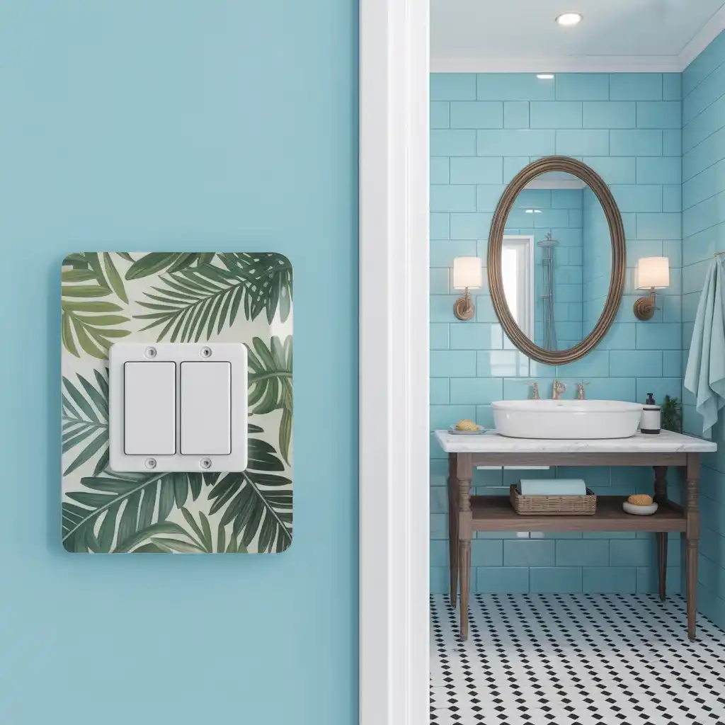 Tropical bright light switch covers powder blue bathroom