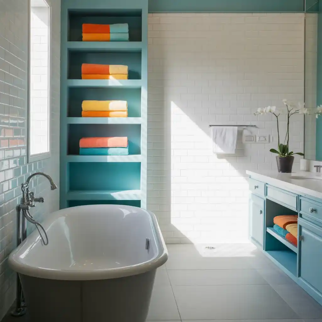 Tropical bright towels powder blue bathroom shelving