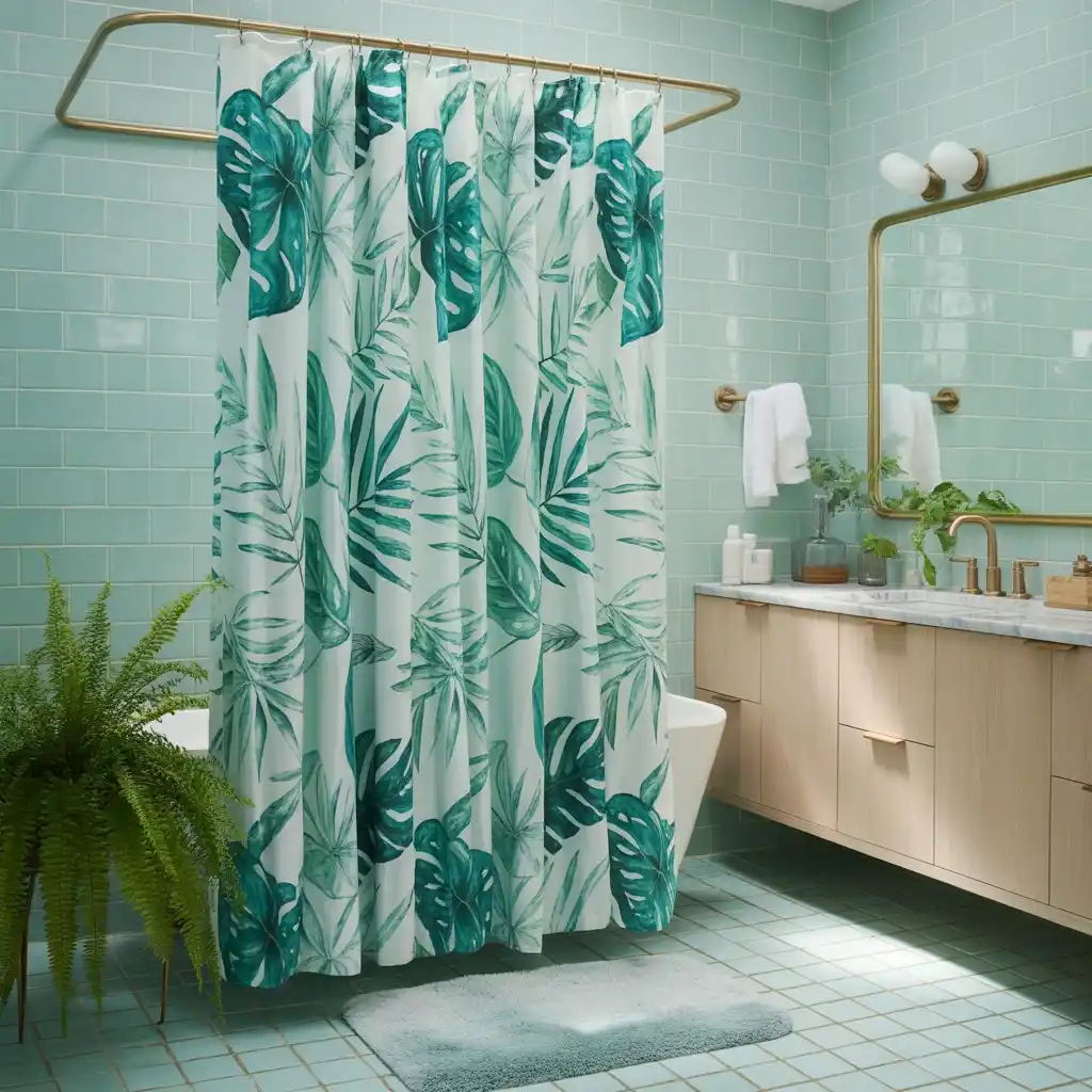 Tropical leaf print shower curtain powder blue bathroom
