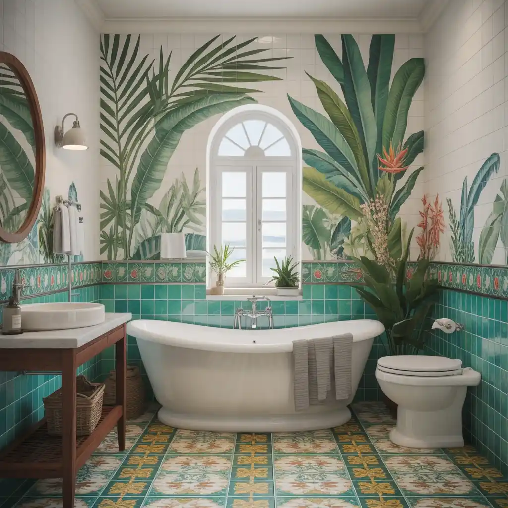 Tropical mosaic tile accents bathroom