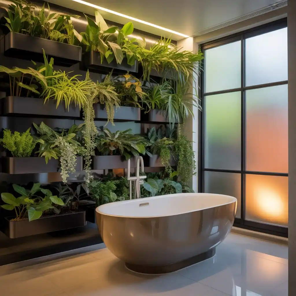 Tropical plant gallery wall black planters bathroo