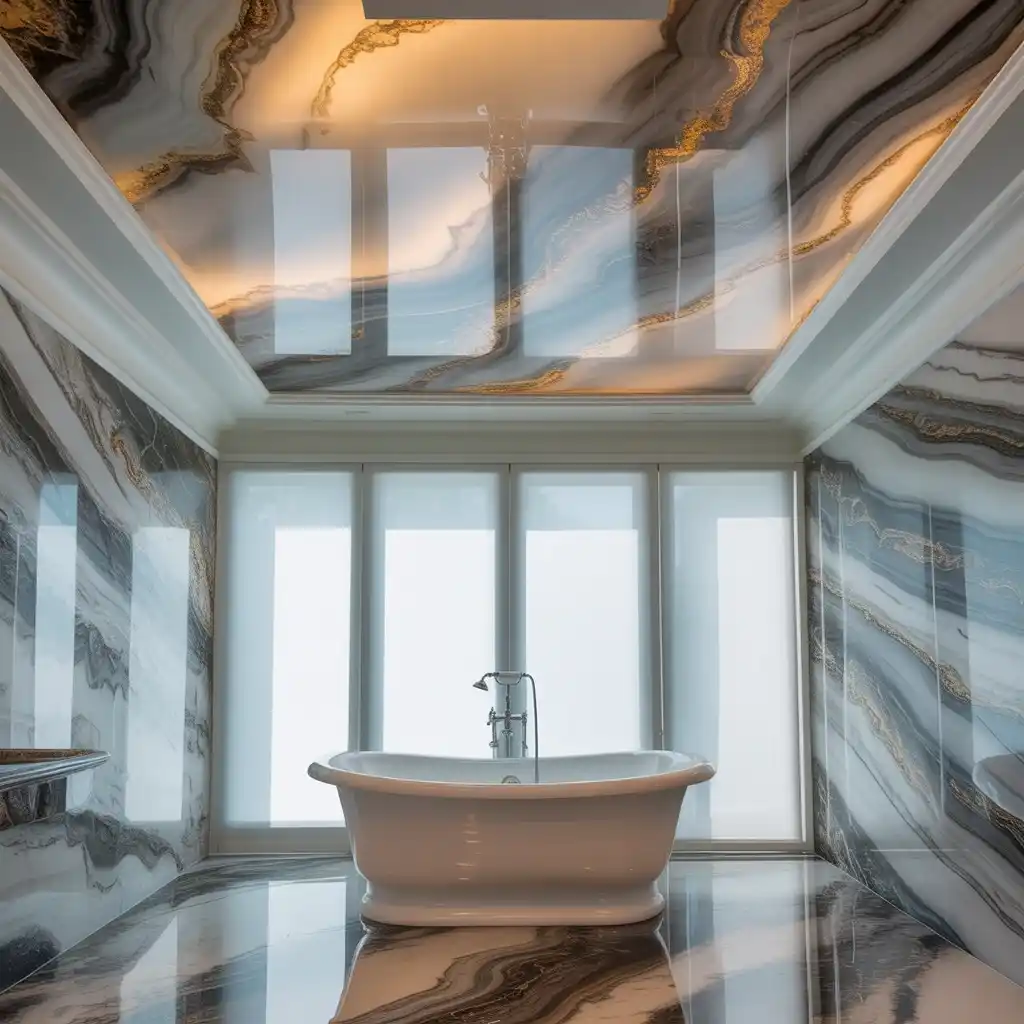 Veined marble feature ceiling bathroom luxury design