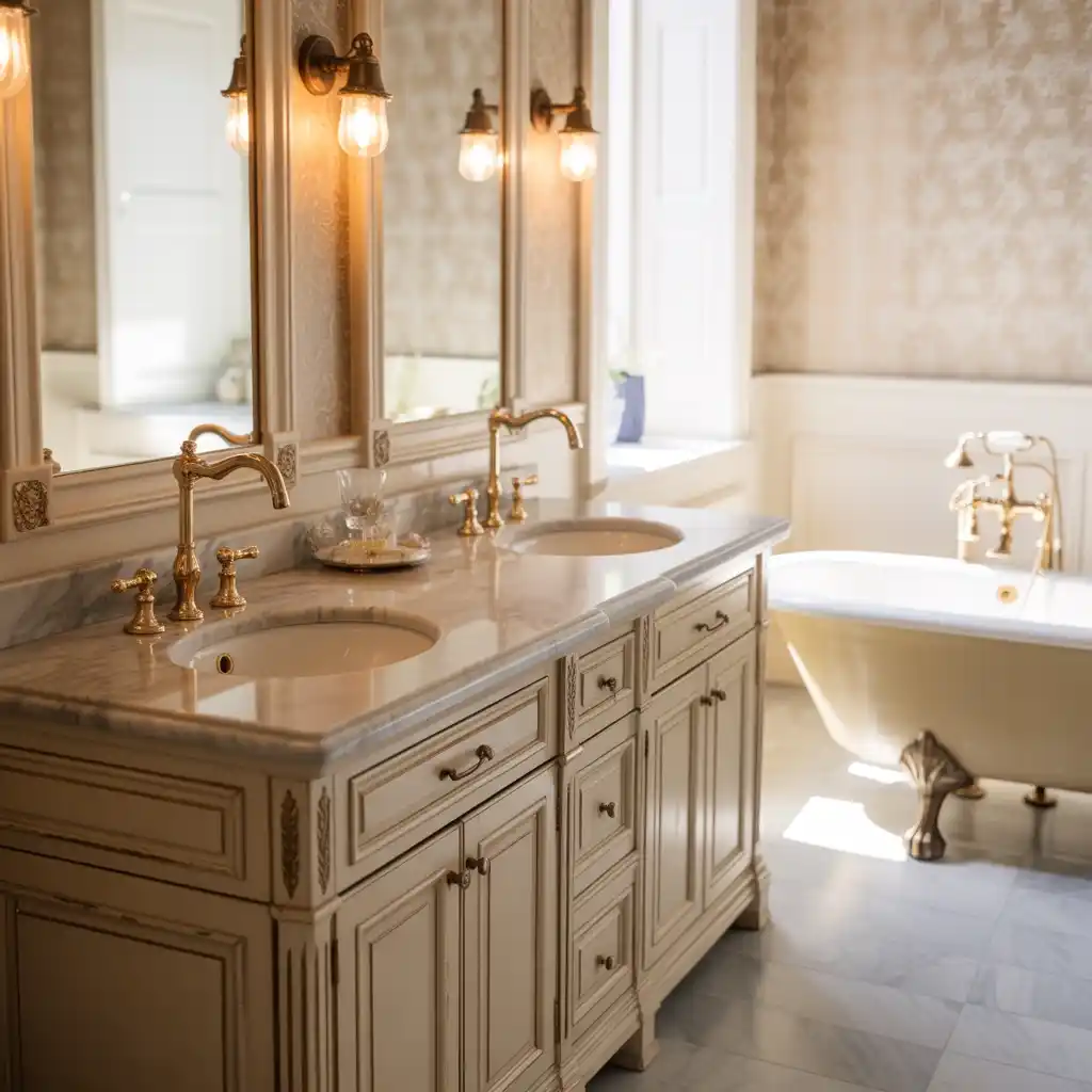 Vintage brass gold accents double vanity luxury bathroom