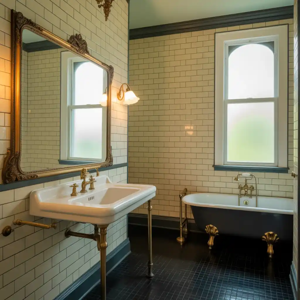 Vintage brass mirrors black lino bathroom