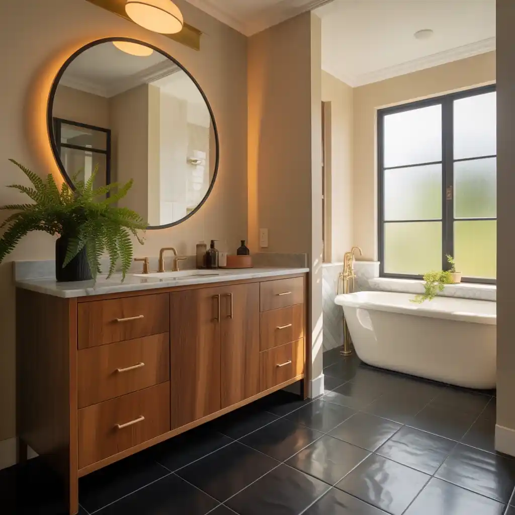 Warm wood vanity black lino flooring bathroom