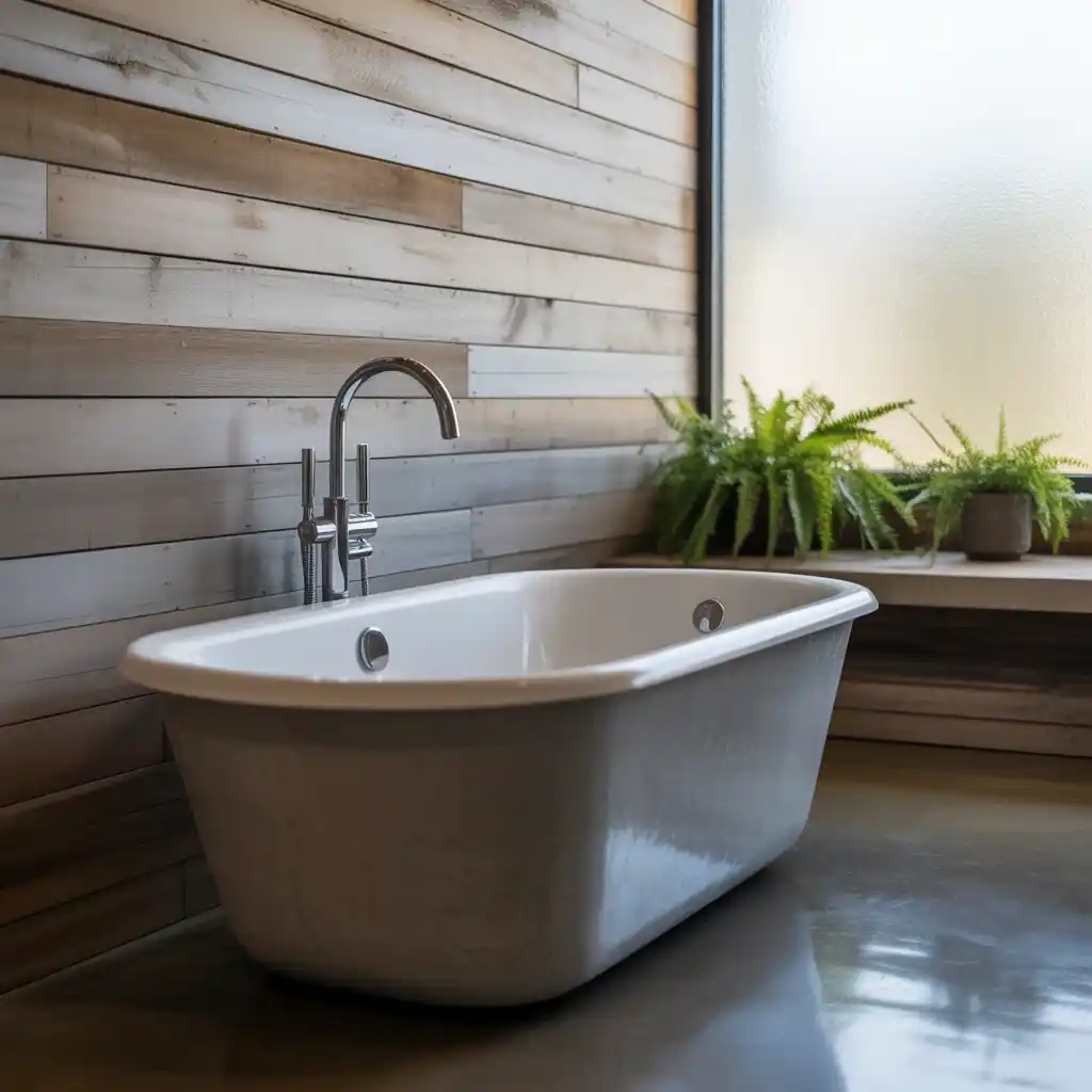 Weathered wood plank accent wall ocean bathroom