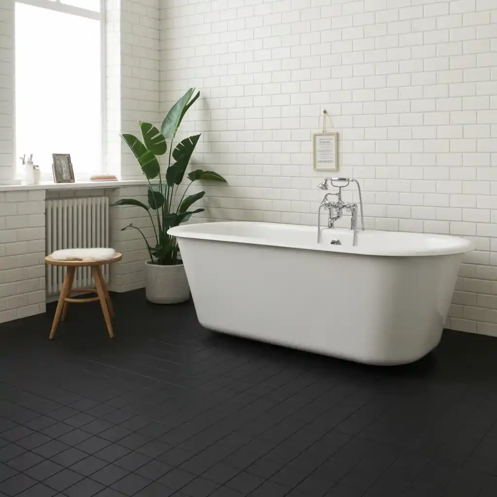 White freestanding tub black lino flooring