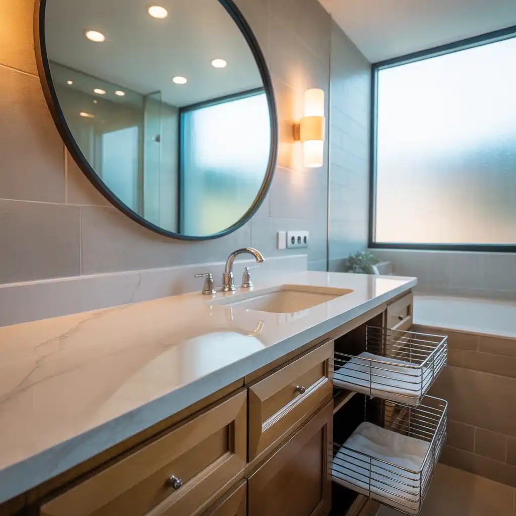 Wire basket pull out system bathroom vanity