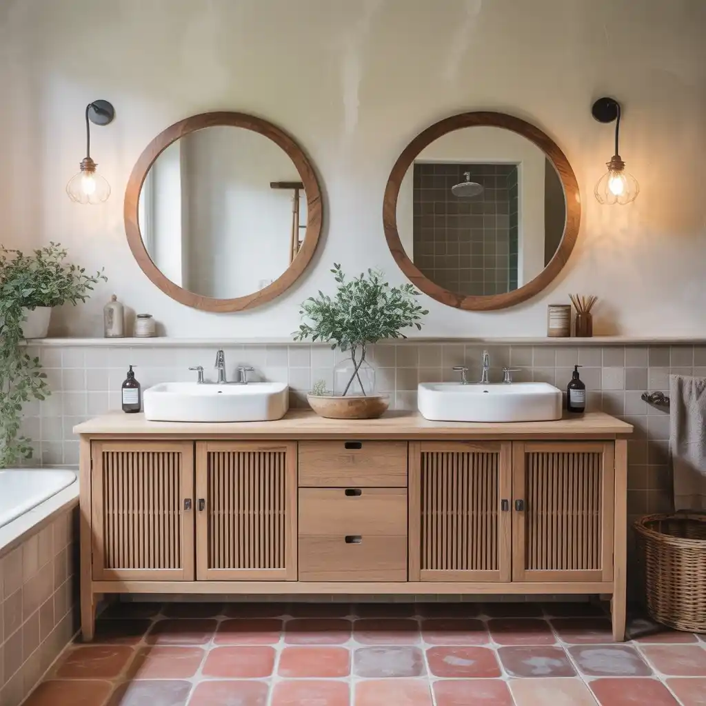 Wooden accent pieces warmth double sink vanity natural materials
