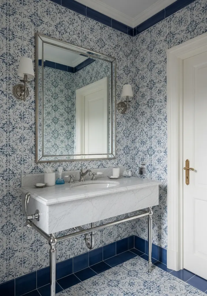 Elegant bathroom with marble vanity, ornate faucet, and blue tiles