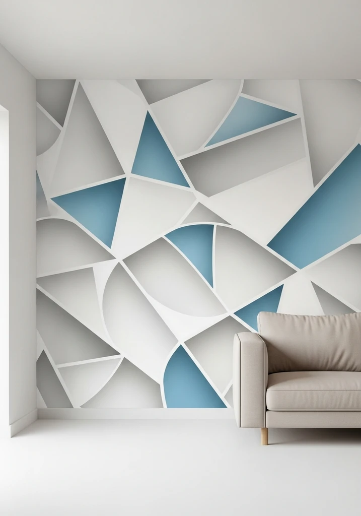 Abstract geometric wall design in white, gray, and blue