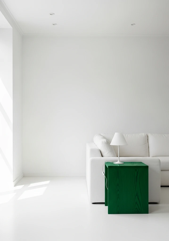 Forest green accent side table next to a white sofa