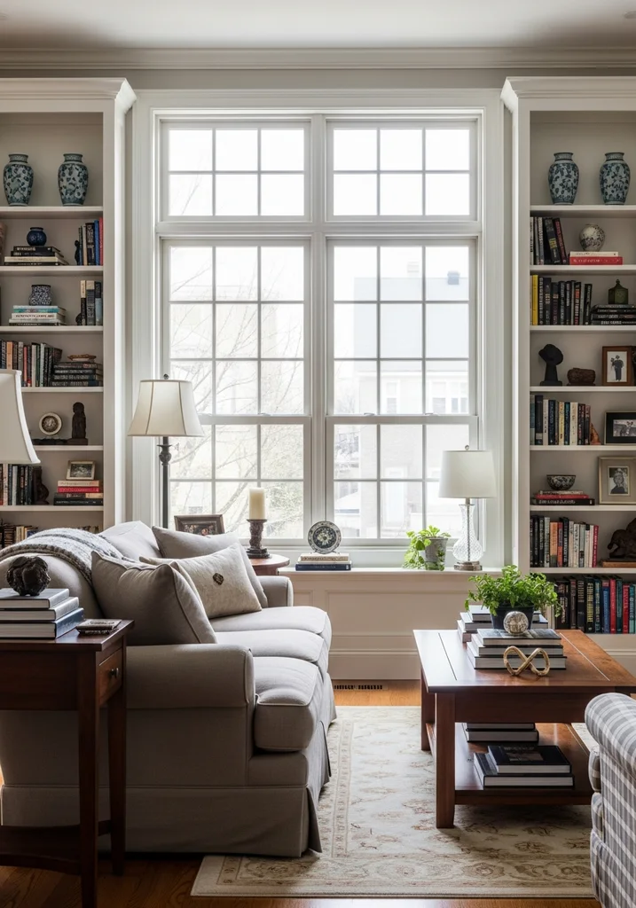 Traditional living room with built in bookshelves by windows