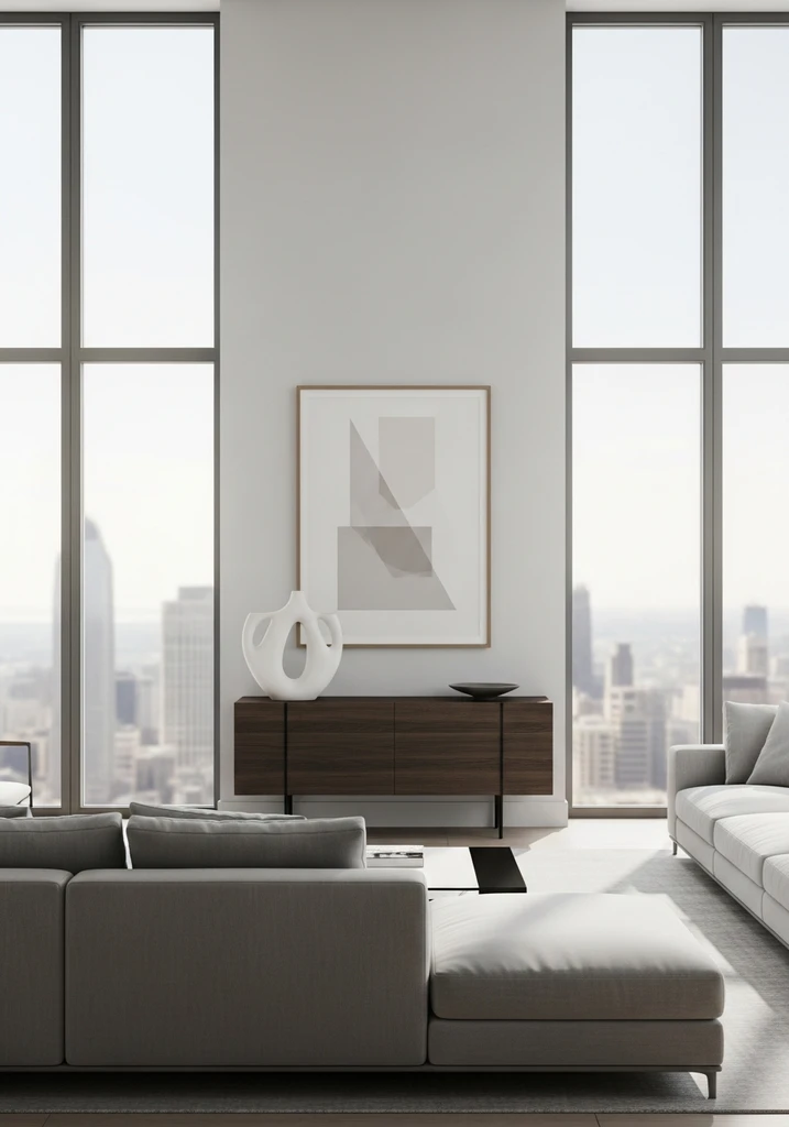 Modern living room with sculptural decor by big windows