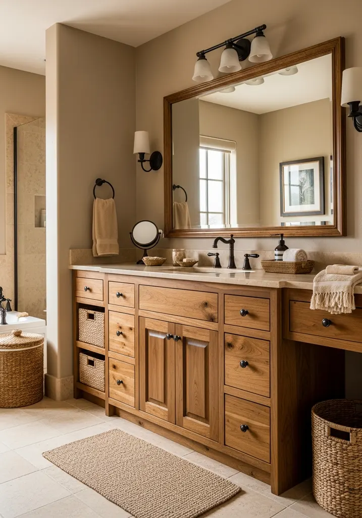 Safari bathroom with large wood vanity and stone countertop