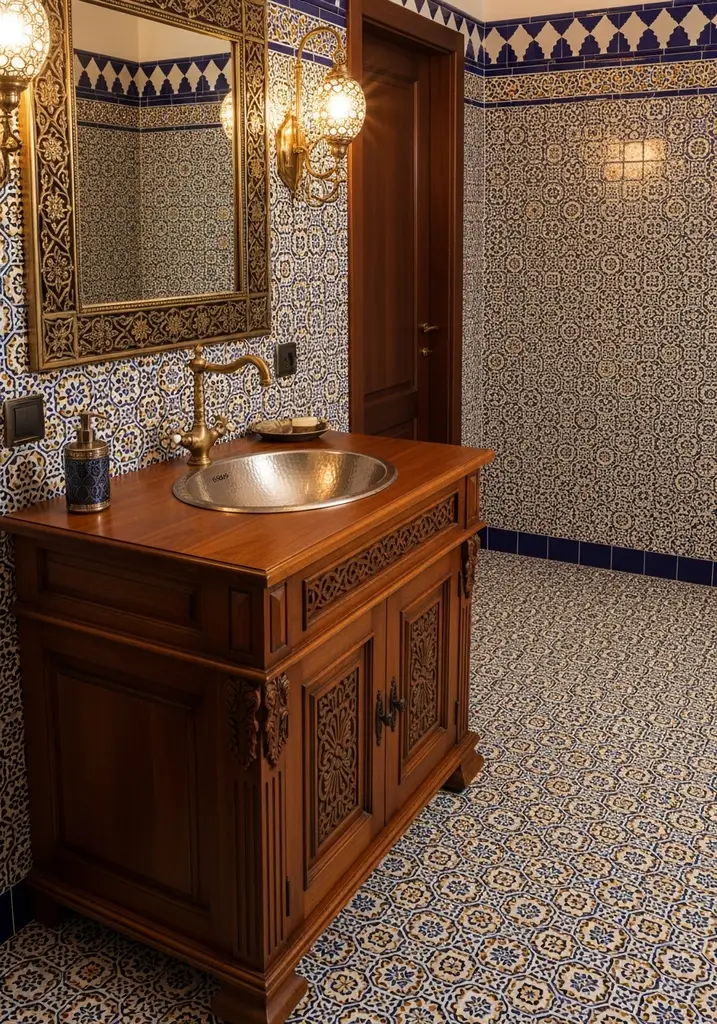 Arabian Nights bathroom with dark wood vanity and ornate brass faucet