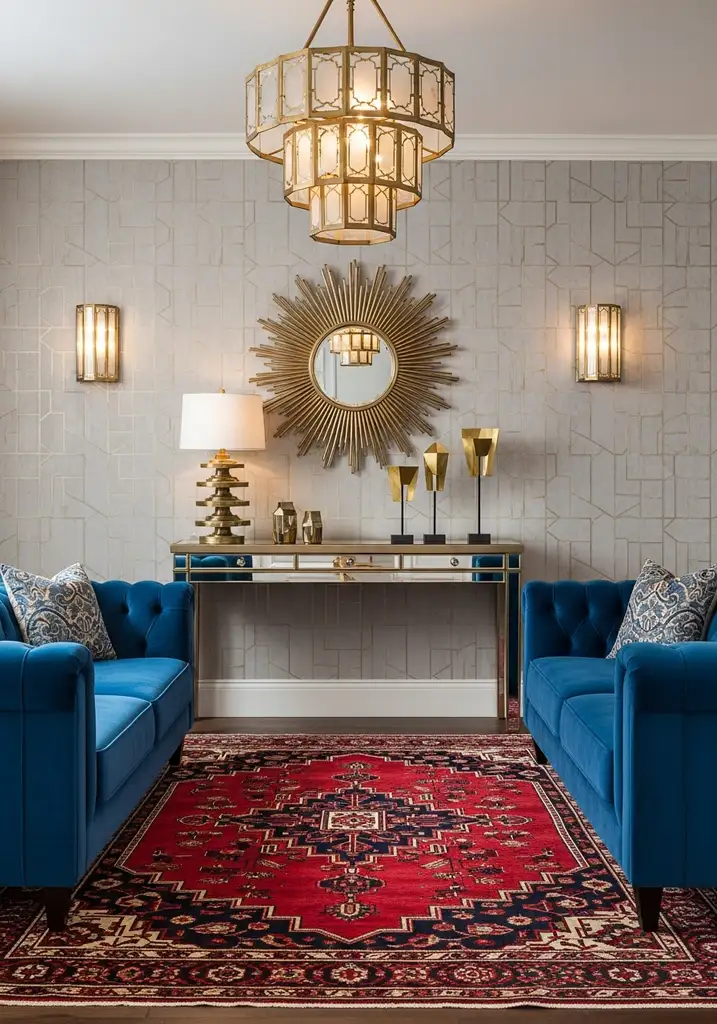 Art Deco living room with red Persian rug, velvet sofa, and mirrored console tables.