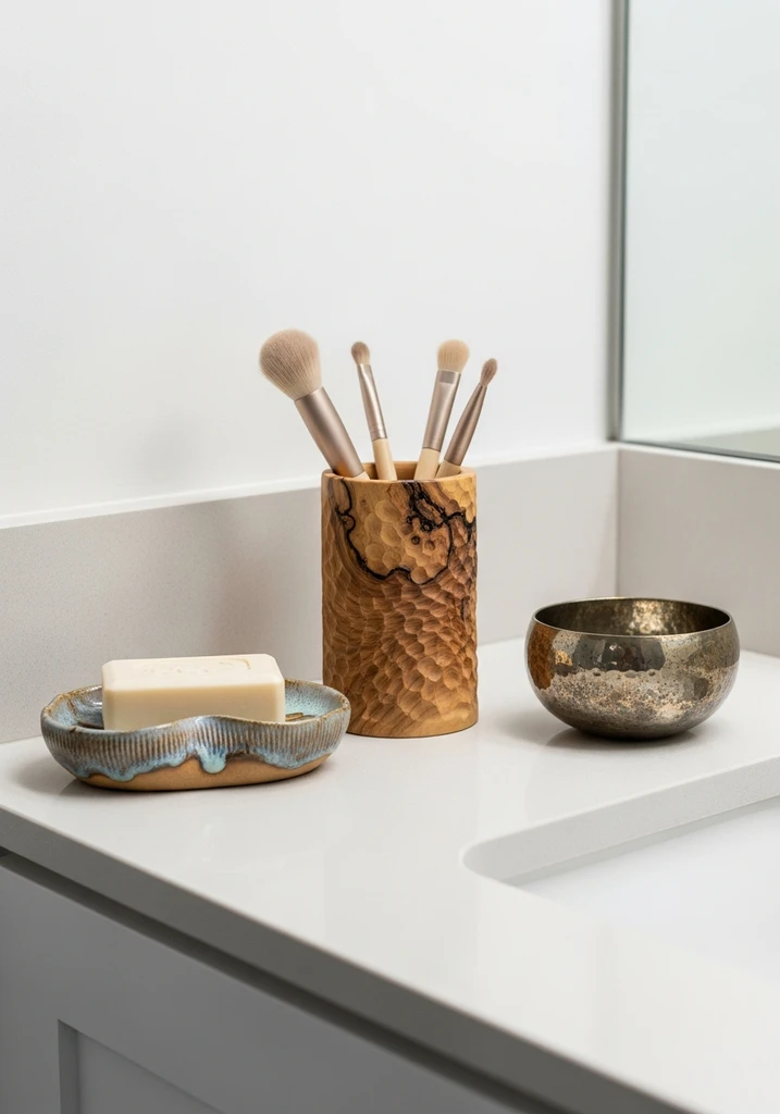 Vanity with ceramic soap dish, wood brush holder, metal bowl