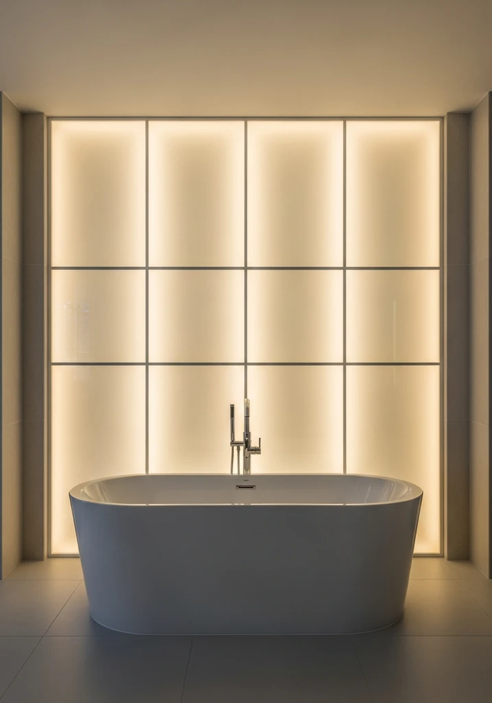 Luxurious bathroom with backlit frosted glass accent wall