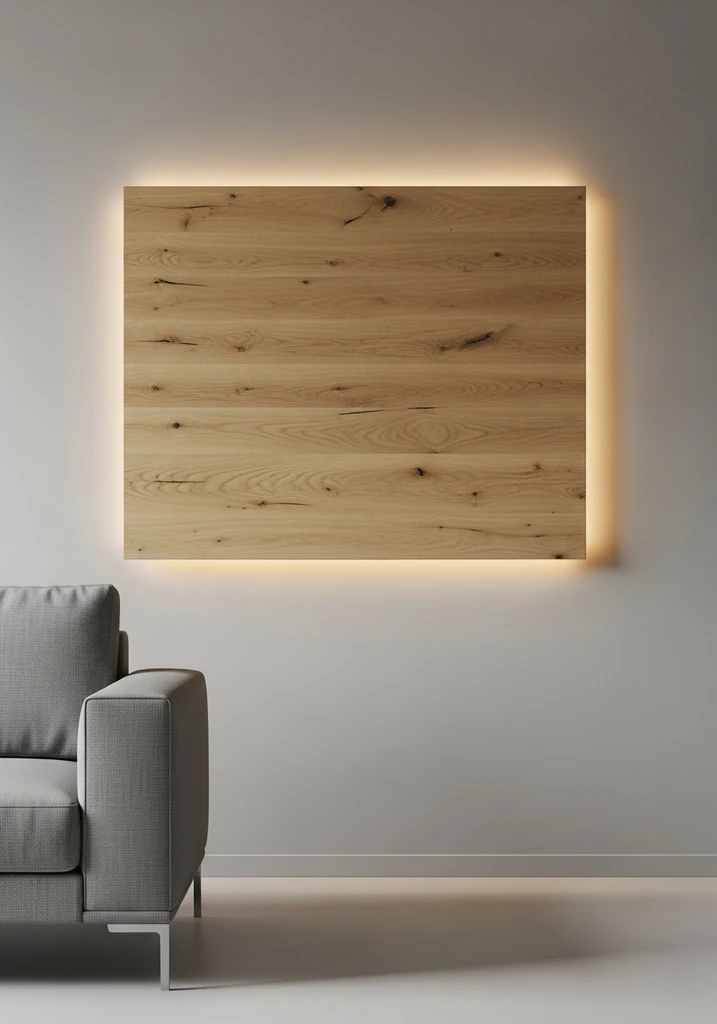 Wooden panel with backlighting on a living room wall