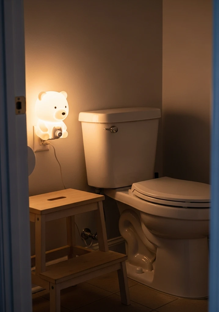 Bear cub shaped night light in a cozy bathroom
