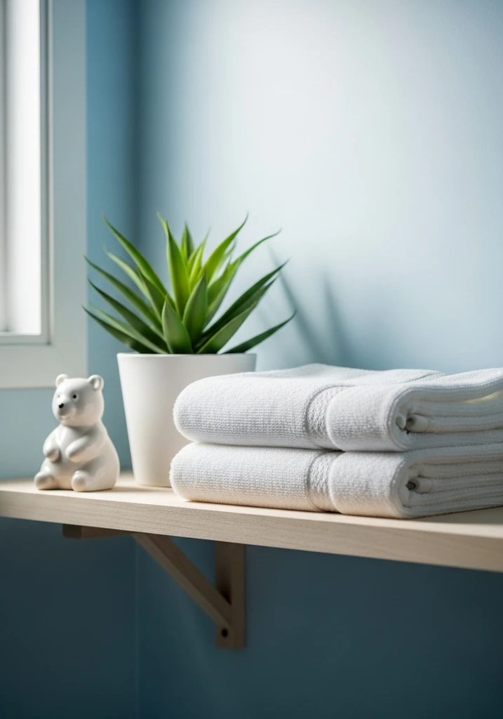 Ceramic bear figurine on a bathroom shelf