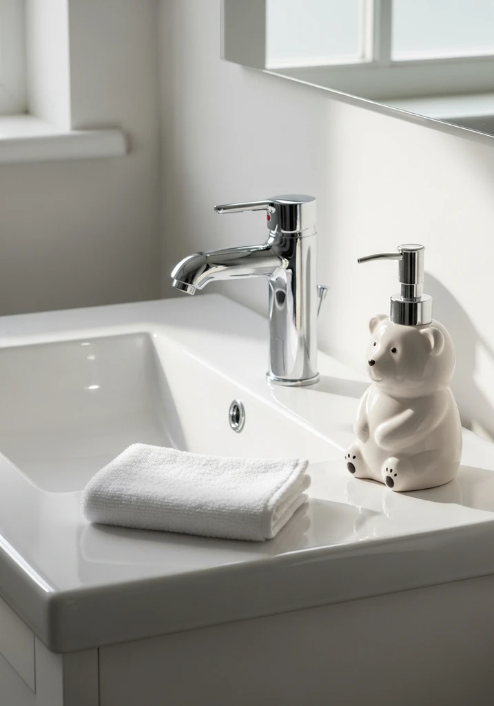 Ceramic bear shaped soap dispenser on a bathroom vanity