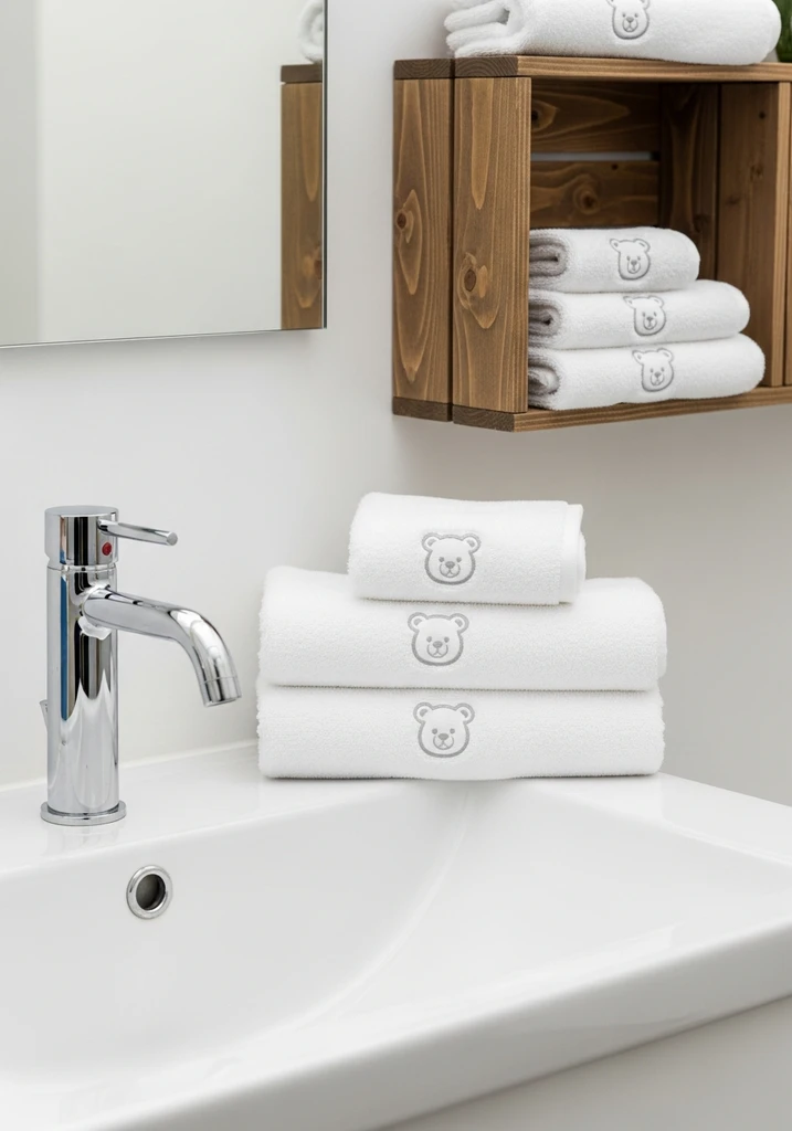 White towels with small bear embroidery on a wooden shelf