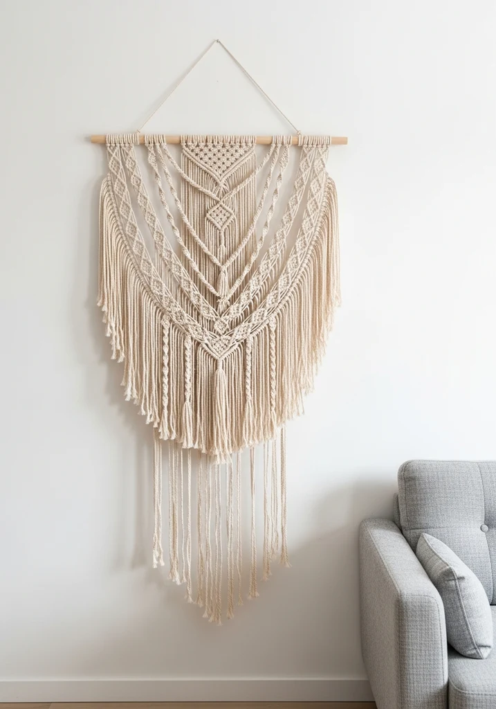 Large beige macrame wall hanging on a white living room wall