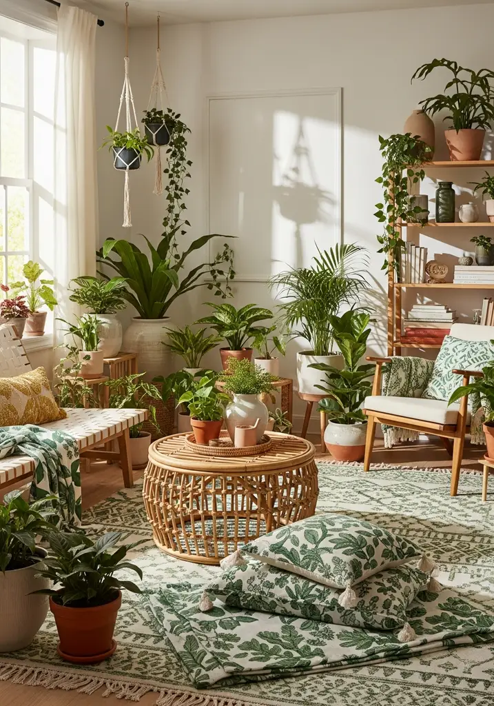 Bohemian living room with lush green plants and white furniture