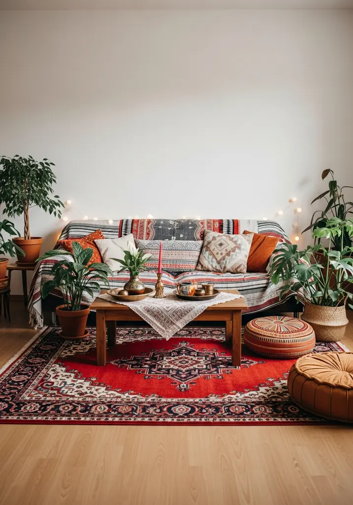Bohemian living room with red Persian rug, layered textiles, and many plants.