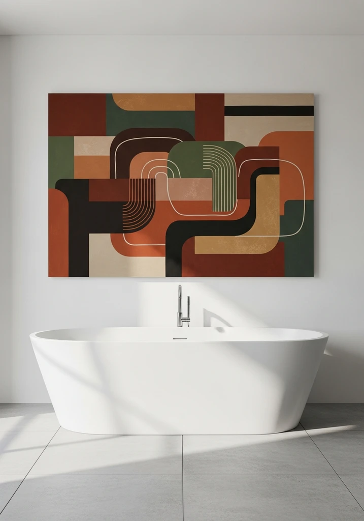 Large abstract wall art above freestanding bathtub