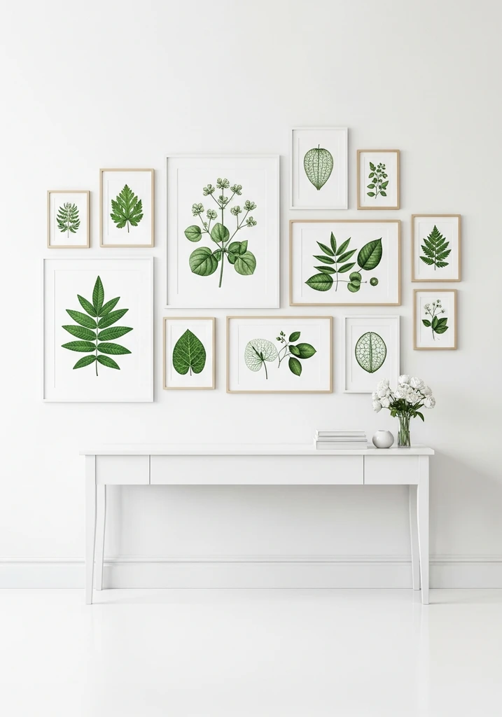 Botanical art gallery wall in green and white frames