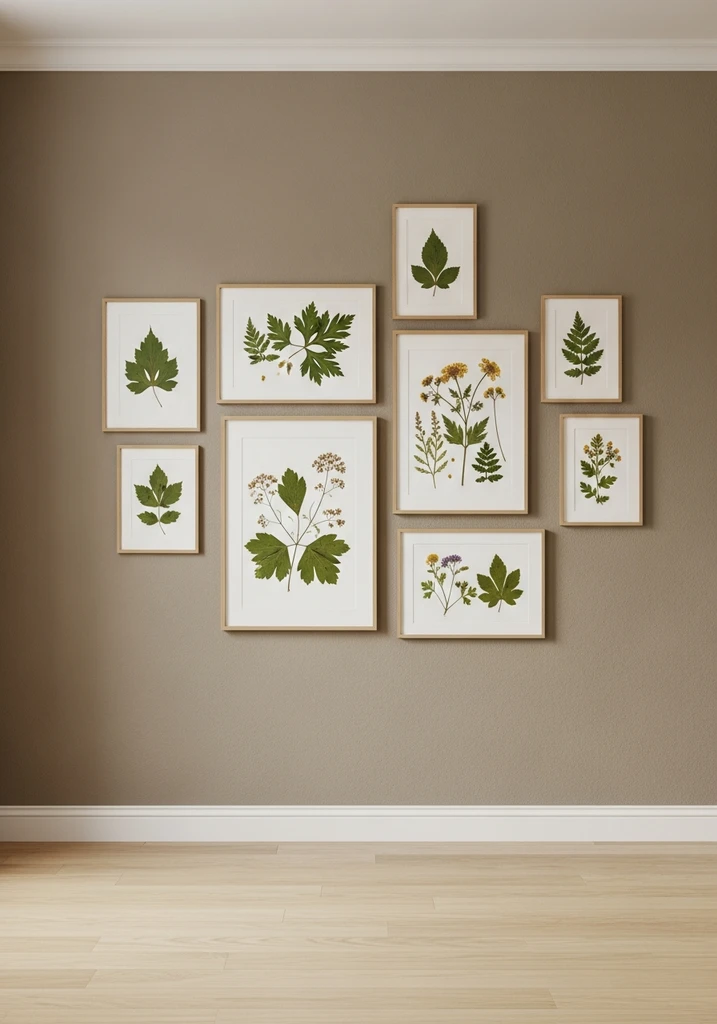 Gallery wall of botanical prints with wood frames