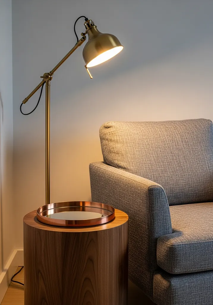 Brass floor lamp and copper tray in a living room corner