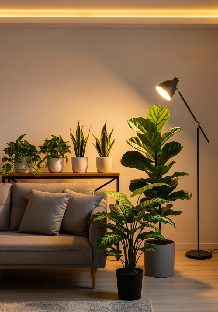 Living room with various potted plants and a wooden console table